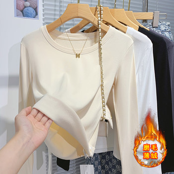 Versatile Base Layer Shirt for Petite Women, 2024 Autumn and Winter, Fleece-Lined, Warm, Long-Sleeved T-Shirt, Low-Neck, Slim-Fit Inner Top ins