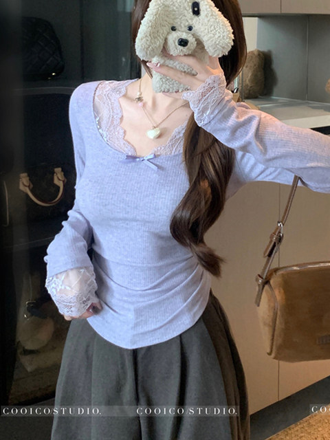 French-Style High-End Lace Patchwork Base Shirt for Women, 2025 Autumn and Winter, Purple, Pure Desire Style, Unique and Beautiful Long-Sleeve T-Shirt