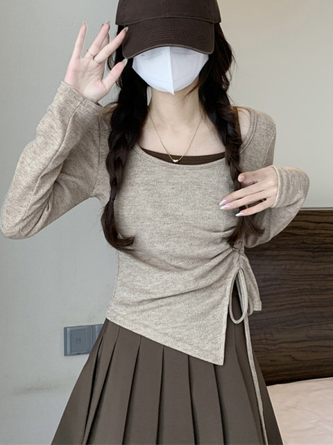 American-Style Sweet and Spicy Drawstring Ruched Long-Sleeve T-Shirt for Women, 2025 Autumn, Color-Blocking, Fake Two-Piece, Irregular Design Top