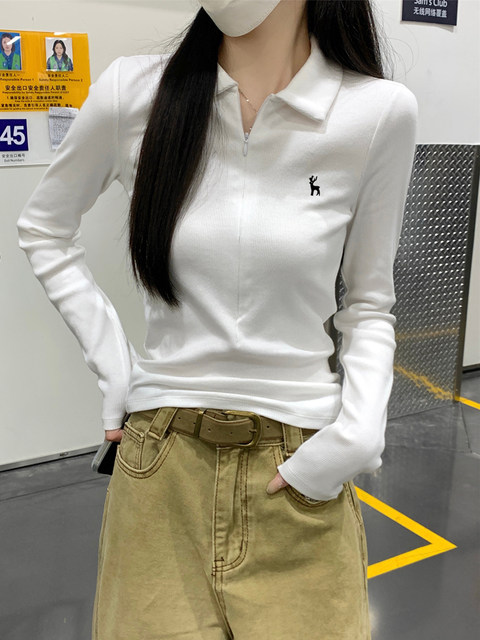Chic Embroidered Slim-Fit Regular Shoulder T-Shirt for Women with a Stylish White Polo Collar, Inner Layer, Half-Zip Long-Sleeve Top