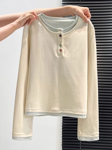 Design-Conscious, Unique Style, Henry Collar Long-Sleeve T-Shirt for Women, Autumn and Winter, Color-Blocking, Fake Two-Piece, Very Stylish Top