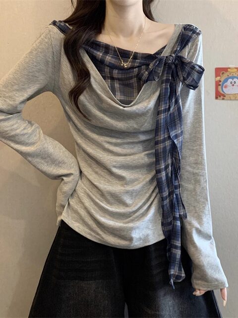 Unique Design with a Distinctive Collar, Beautiful and Stylish T-Shirt for Women, Early Autumn, Faux Two-Piece Plaid Patchwork with Tie, Versatile Top ins