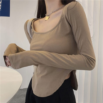 Women's Long-Sleeve T-Shirt, 2025 Autumn New Korean Style, U-Neck, Revealing Collarbone, Irregular Hem, Solid Color Base Shirt, Trendy Top