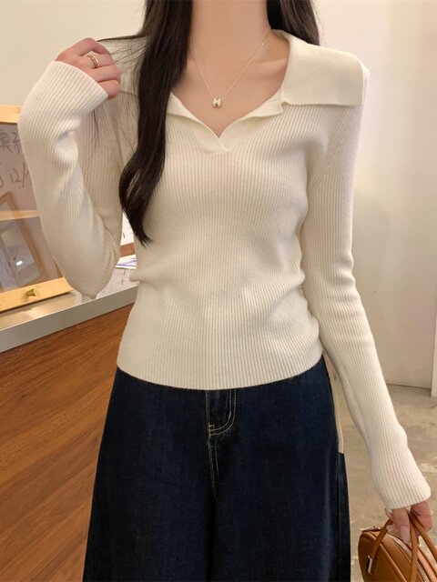 Korean Style Petite Polo Collar Inner Knit Sweater for Women 2025 Autumn and Winter Drawstring Pleated Design Versatile Top
