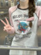Round Neck Loose Chic Cartoon Print T-Shirt for Women, Spring Design with Contrasting Color Raglan Sleeves, Unique Patchwork Top Ins