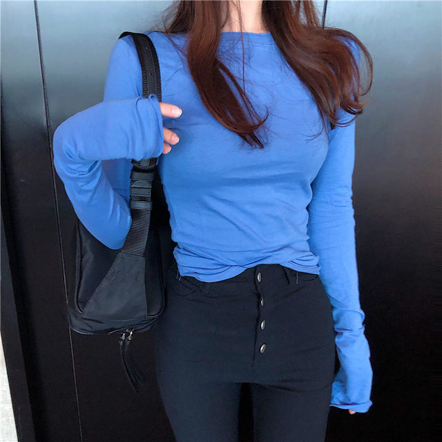 Solid Color Long-Sleeve T-Shirt for Women, 2024 Autumn New Korean Style, Round Neck, Ruffled Sleeves, Slim Fit, Slightly Sheer Base Shirt Top ins