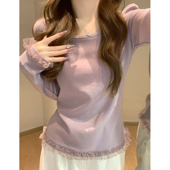 Korean Style Fairy-Like High-End Long-Sleeved T-Shirt for Women 2025 Early Autumn Gentle and Unique Lace-Edged Cashmere Brushed Top ins
