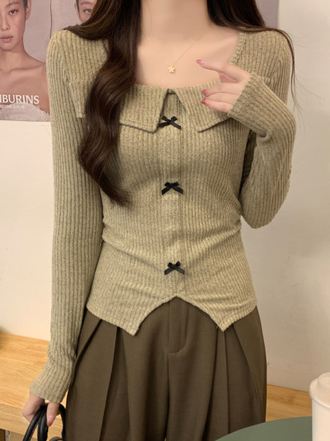 Square Neck Bowknot Three-Dimensional Decorative Long-Sleeve T-Shirt for Women, Spring Season, Stylish and Versatile, Slim Fit, Chic Short Top