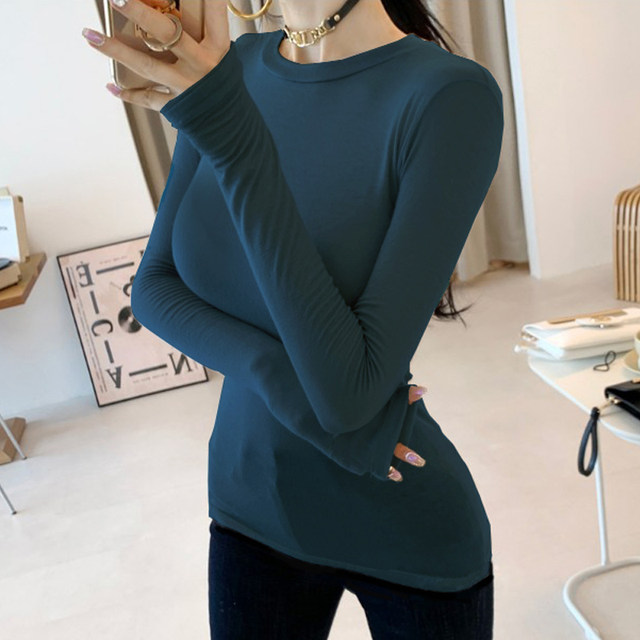 Pure Desire Style Round Neck Solid Color Mask T-Shirt for Women, Long Sleeve, Early Spring New Korean Version, Slim Fit, Stretchy, Figure-Flattering Top ins