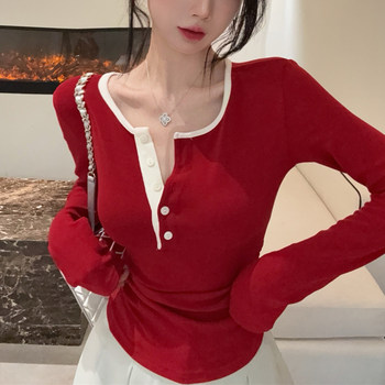 Korean Chic Style Slim-Fit T-Shirt for Women 2025 Autumn Sexy Hot Girl Half-Open Collar Button Color-Block Top
