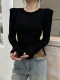 Autumn and Winter High-End Style Padded Shoulder Long-Sleeve T-Shirt for Women, Autumn Round-Neck Elegant Regular Shoulder Versatile Top for Petite Figures