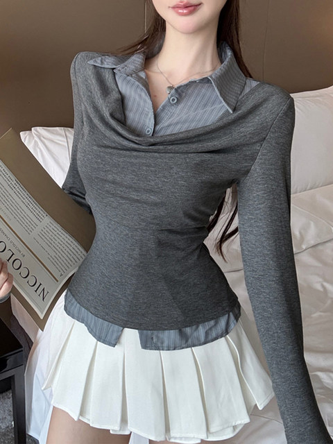 2026 Spring Style Pure Desire Hot Girl Fake Two-Piece Polo Collar T-Shirt for Women with Unique and Distinctive Design, Pleated Patchwork Shirt