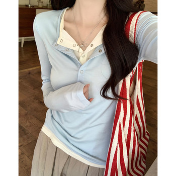 Blue Color-Enhancing Half-Open Collar Long-Sleeve T-Shirt for Women, 2024 Autumn, Fake Two-Piece with Hidden Button Design, Unique Short Top ins