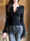 Stylish Half-Button Round Neck Slim-Fit Long-Sleeve T-Shirt for Women, 2025 Winter Season, Unique and Chic Fur Patchwork Top