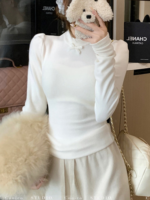 French-Style Gentle and Elegant Bow-Tie Unique Blouse for Women, New Spring High-Neck Design, Brushed Warm Top