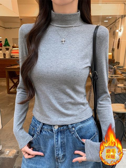 Basic Half-High Collar Brushed Thickened Base Shirt for Women, New Autumn and Winter Style, Petite Size, Slimming, Versatile, Shoulder Pad Top