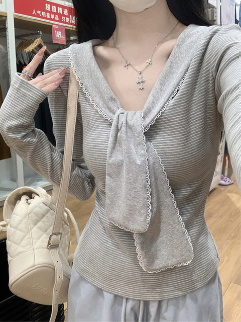 Korean Style College-Style Navy Collar Long-Sleeved T-Shirt for Women 2025 Early Autumn Contrasting Stripes Stunning Design Age-Reducing Top