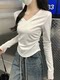 Green Fresh Style Curved Hem T-Shirt for Women 2025 Autumn Waist-Cinching Pleated Simple Versatile Elegant V-Neck Slim Top