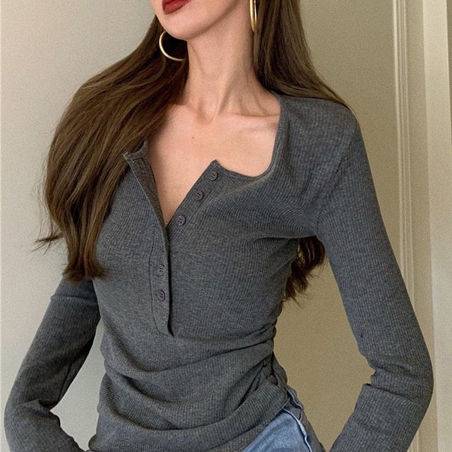 Trendy V-Neck Buttoned Ribbed Long-Sleeve T-Shirt for Women, Gray, 2025 Autumn and Winter New Slim-Fit Base Layer Top