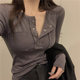 2023 Spring, Autumn, and Winter New Korean Style Slim Fit Sexy Half-Open Collar Button Pocket Pure Cotton Long Sleeve T-Shirt Base Shirt for Women