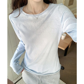 Korean-Style Round-Neck Rolled-Edge Design Stylish Thin T-Shirt for Women, Spring and Autumn Uv Protection Sun Protection Top