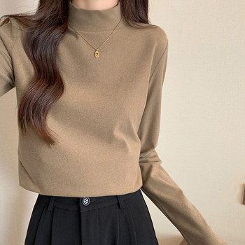 Casual Pure Color German Velvet Half-High Collar Long-Sleeved T-Shirt for Women, New Autum Style, Korean Style Brushed Thickeneded Warm Base Layer Shirt ins