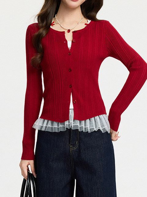 Stylish Red Knit Cardigan for Women, Spring Button-Up Slim-Fit Sweater, Short Jacket for New Year's Outfit