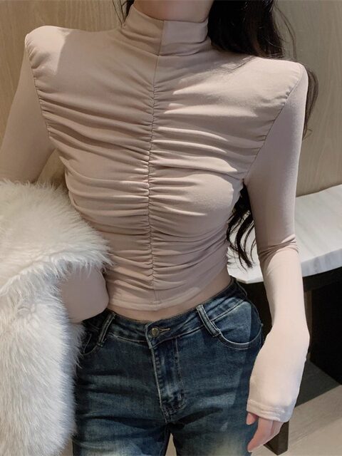 Korean-Style Simple Fleece-Lined Versatile Slim-Fit T-Shirt for Women, Autumn High-Neck Elegant Pleated Particularly Beautiful Waist-Cinching Top