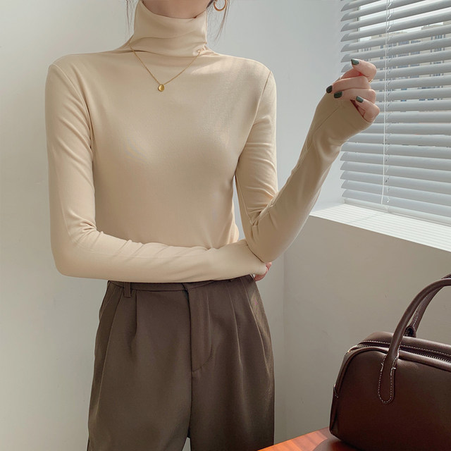 Warm Thin Fleece Brushed Turtleneck Base Layer Shirt for Women, New Autumn Korean Style Slim Fit Stacked Collar Long-Sleeve T-Shirt ins