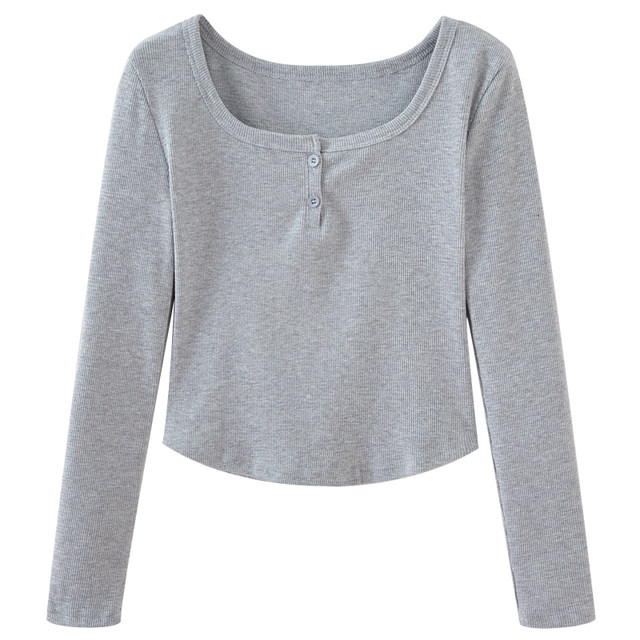 Casual White Button V-Neck Long-Sleeved T-Shirt for Women, New Autumn and Winter Style, Chic Curved Hem, Slim Fit, Short Top