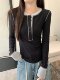Korean Style Slim-Fit Long-Sleeve T-Shirt for Women with Decorative Stitching, New Autumn Design with Contrasting Color and Button Details