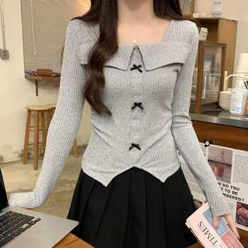 Square Neck Bowknot Three-Dimensional Decorative Long-Sleeve T-Shirt for Women, Spring Season, Stylish and Versatile, Slim Fit, Chic Short Top