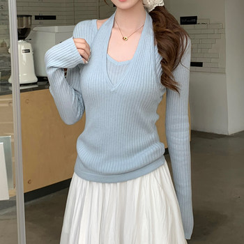 Fake Two-Piece Pure Desire Halter V-Neck Knit Top for Women, 2026 Spring Slim Fit Versatile Korean Style Design Top