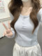 Be careful with square collar button-down long-sleeved T-shirt for women 2025 autumn petite slim fit versatile short crop top