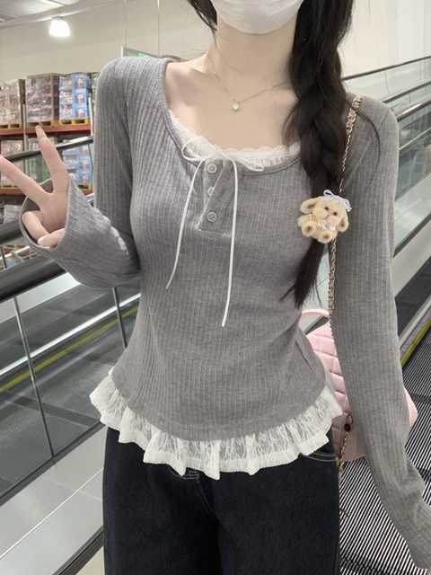 Korean Style Elegant and Unique Long-Sleeved T-Shirt for Women 2025 Autumn Lace Fake Two-Piece Bow Tie Short Top