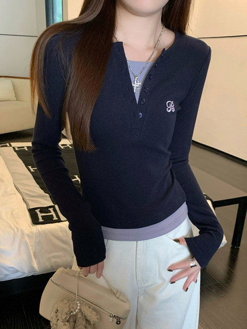 French-Style Half-Open Collar T-Shirt for Women, 2025 Autumn and Winter, Button-Up, Color-Blocking, Faux Two-Piece, Fashionable Design Top