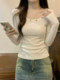 French-Style Studded Design Long-Sleeve Slim-Fit Base Shirt T-Shirt for Women, Spring White, Unique and Beautiful, Age-Reducing Top