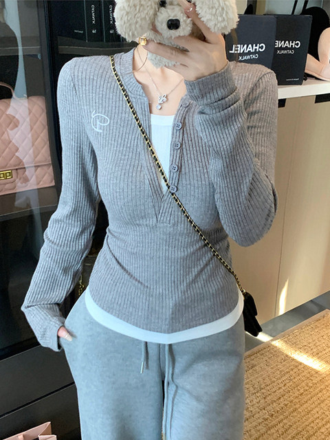 American Retro Button Design Long-Sleeve T-Shirt for Women, 2025 Autumn Color-Blocked Faux Two-Piece Tight-Fitting Versatile Short Top