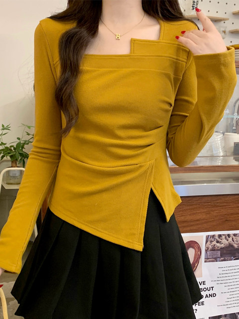 Pure Desire Style Square-Neck Pleated Chic and Beautiful T-Shirt for Women, Spring Cool and Spicy Girl Style with Irregular Slit Design Top Ins