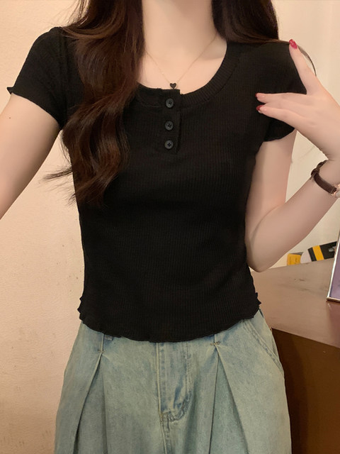 White High-End Half-Open Collar Buttoned Short-Sleeve T-Shirt for Women, New Summer Style, Bamboo Cotton, Slim Fit, Versatile Short Top ins