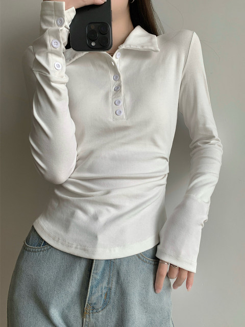 Button Design, Stylish and Slim-Fitting Polo Collar T-Shirt for Women, 2025 Autumn Korean Version, Super Nice, Unique and Beautiful Top
