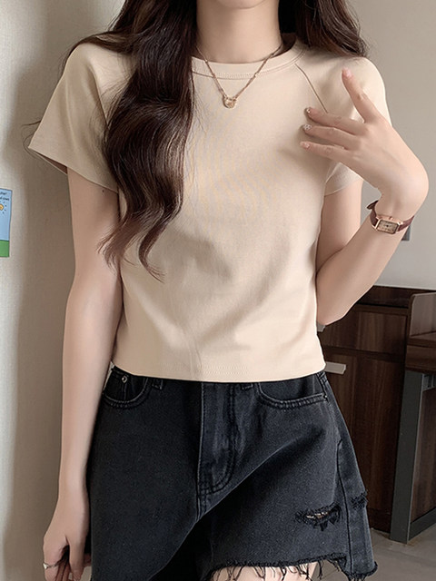 Korean Style High-End Short-Sleeved T-Shirt ins Women's 2025 Summer New Raglan Sleeve Round Neck Versatile Short Top