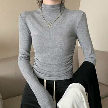 Korean Style Gray Half-High Collar Long-Sleeved Bottoming Shirt for Women, New Autumn and Winter Style, Chic Pleated Slim Fit Short Top