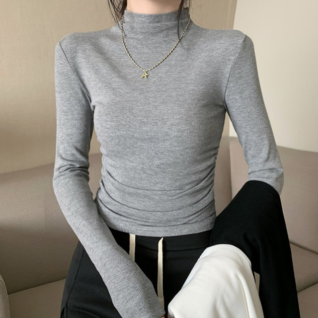 Korean Style Gray Half-High Collar Long-Sleeved Bottoming Shirt for Women, New Autumn and Winter Style, Chic Pleated Slim Fit Short Top