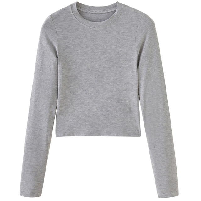 Korean Style Gray Round Neck Long-Sleeved Bottoming Shirt for Women 2024 Autum Basic Style Slim Fit Short Elastic Top