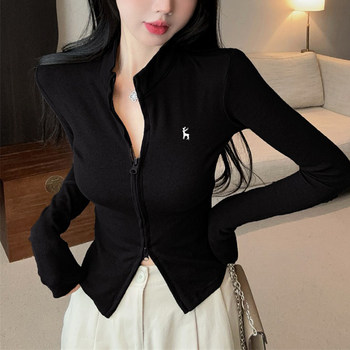 Korean-Style Minimalist Zip-Up Long-Sleeve Cardigan for Women, 2025 Autumn/Winter Season, Half-High Collar, Short Style, High-End Niche Design, Unique Top