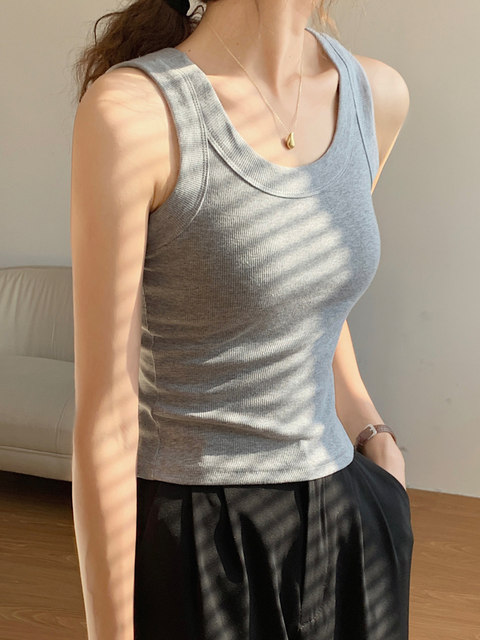 Basic Wide-Strap Ribbed Cotton Tank Top for Women, New Summer Korean Style Slim-Fit High-Waisted Sleeveless Short Top