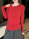 Stylish Red Long-Sleeve T-Shirt for Women, Unique and Chic Asymmetrical Shoulder Design, Trendy Spring Top