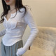 Pure and Alluring Style, Unique Button Half-Open Collar Long-Sleeve T-Shirt for Women, New Spring Slim-Fit Pocket Pure Cotton Base Shirt ins