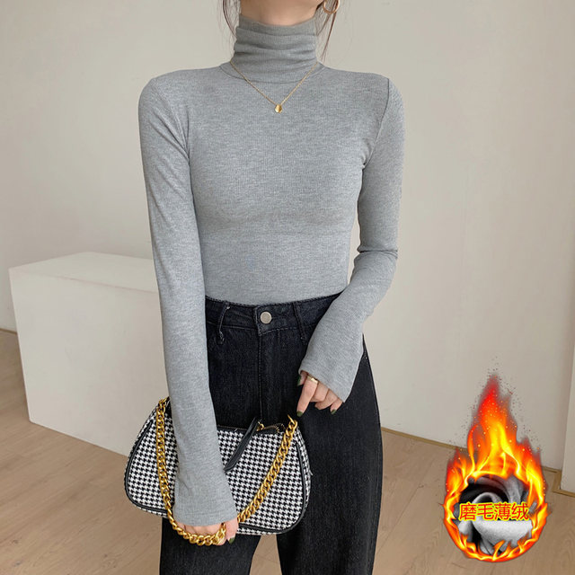 Layered Ribbed Thin Velvet Turtleneck Base Shirt for Women, New Autumn and Winter Korean Style Slim-Fit Coffee-Colored Long-Sleeve T-Shirt Top for Women ins